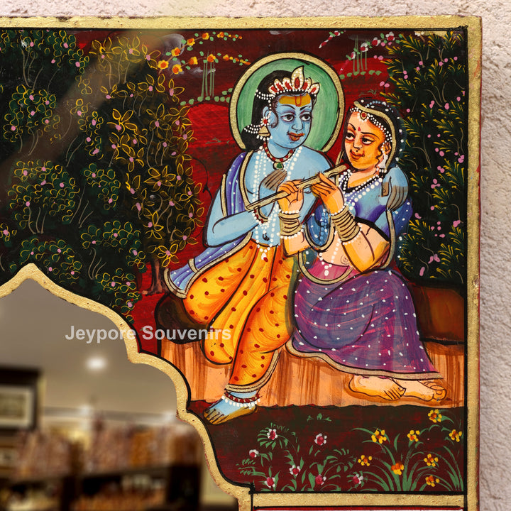Radha Krishna Jharokha Wall Mirror with Shrinathji, Lotus &amp; Peacock Art