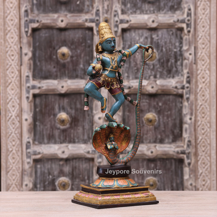 Handcrafted Brass Lord Krishna Dancing on Kaliya Serpent Statue