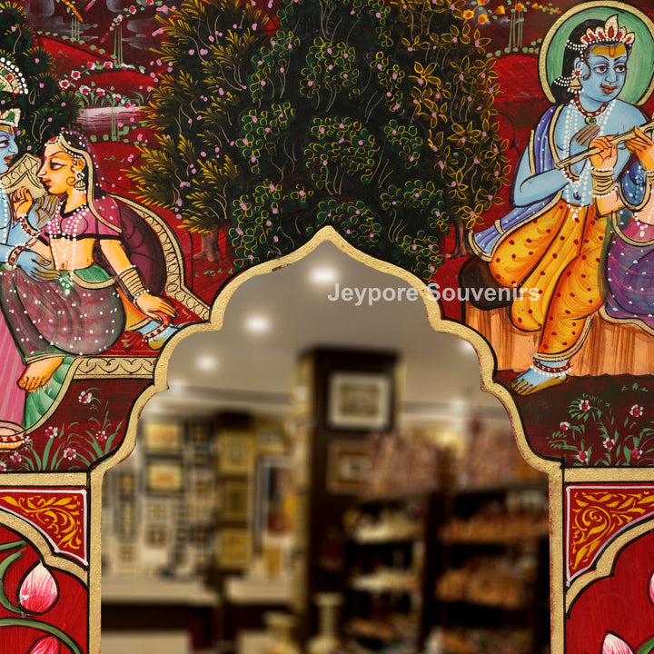 Radha Krishna Jharokha Wall Mirror with Shrinathji, Lotus &amp; Peacock Art
