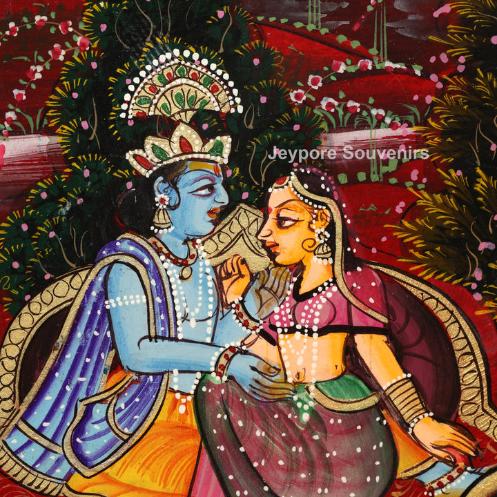 Radha Krishna Jharokha Wall Mirror with Shrinathji, Lotus &amp; Peacock Art