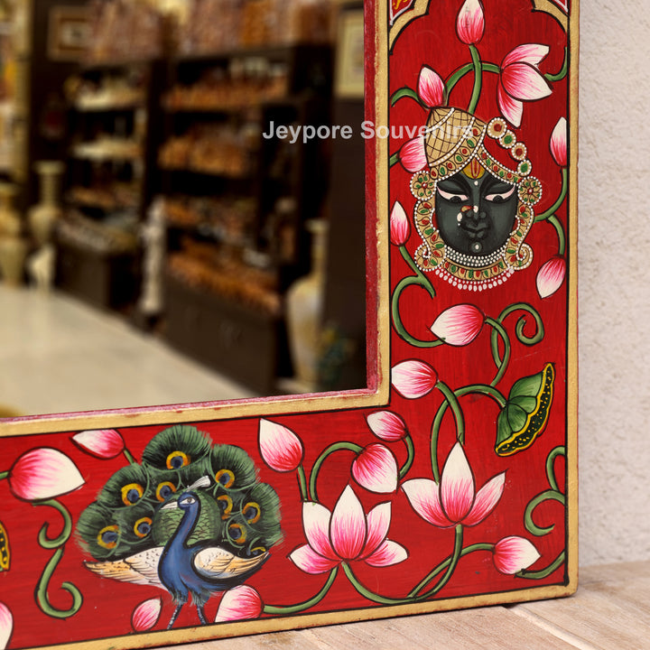 Radha Krishna Jharokha Wall Mirror with Shrinathji, Lotus &amp; Peacock Art