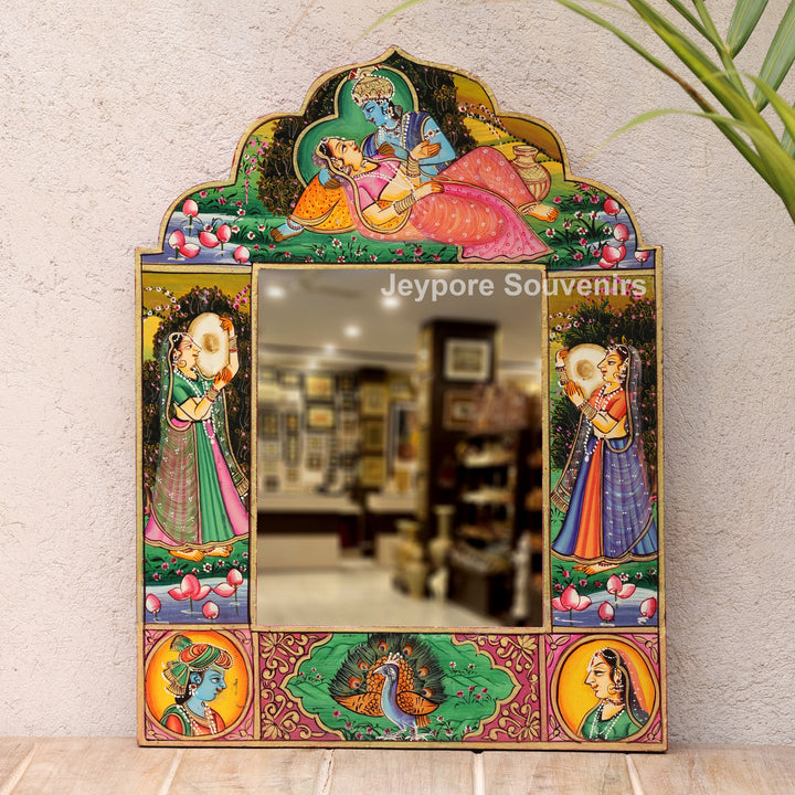 Hand-Painted Radha Krishna Wooden Jharokha Wall Mirror
