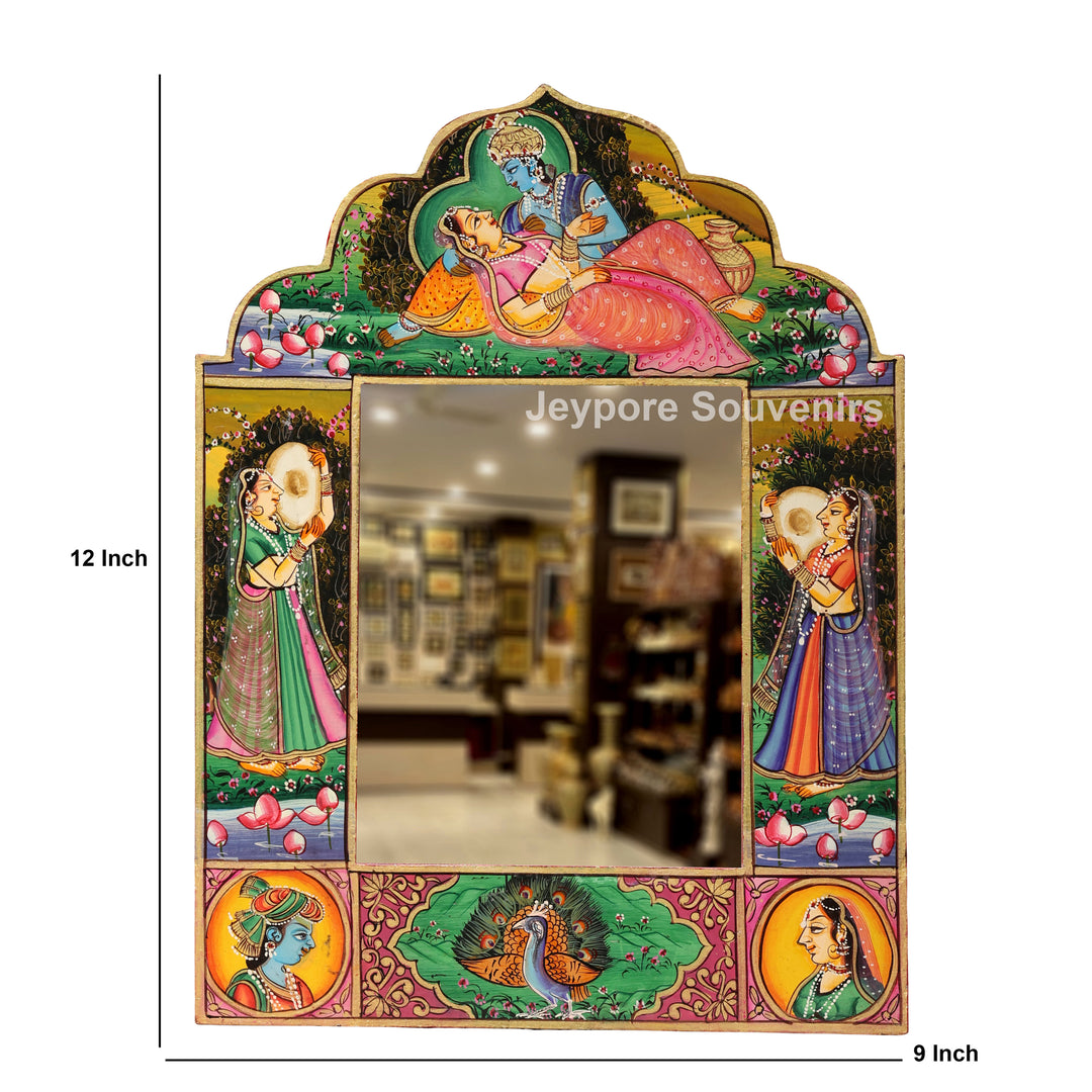 Hand-Painted Radha Krishna Wooden Jharokha Wall Mirror