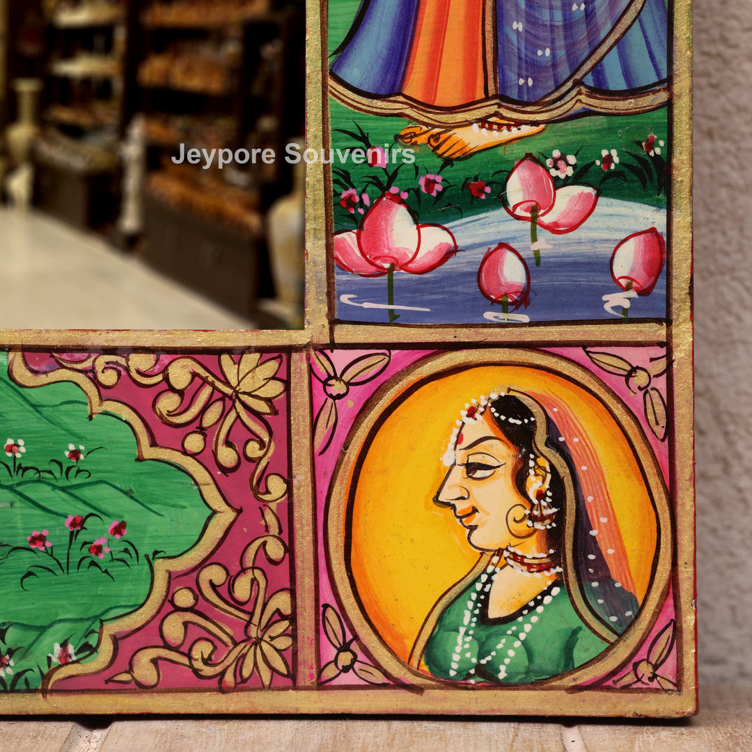 Hand-Painted Radha Krishna Wooden Jharokha Wall Mirror