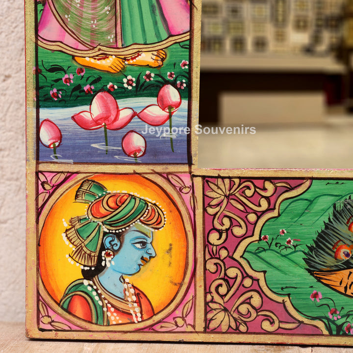 Hand-Painted Radha Krishna Wooden Jharokha Wall Mirror