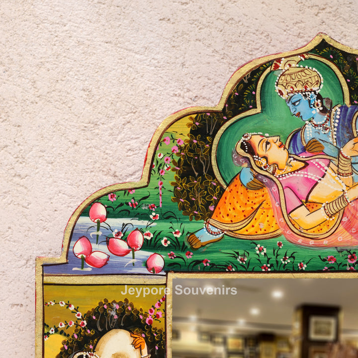 Hand-Painted Radha Krishna Wooden Jharokha Wall Mirror