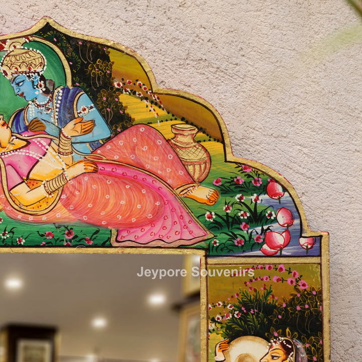 Hand-Painted Radha Krishna Wooden Jharokha Wall Mirror