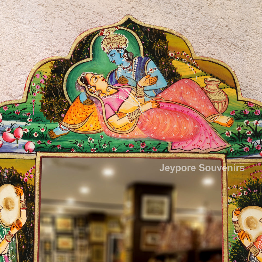 Hand-Painted Radha Krishna Wooden Jharokha Wall Mirror