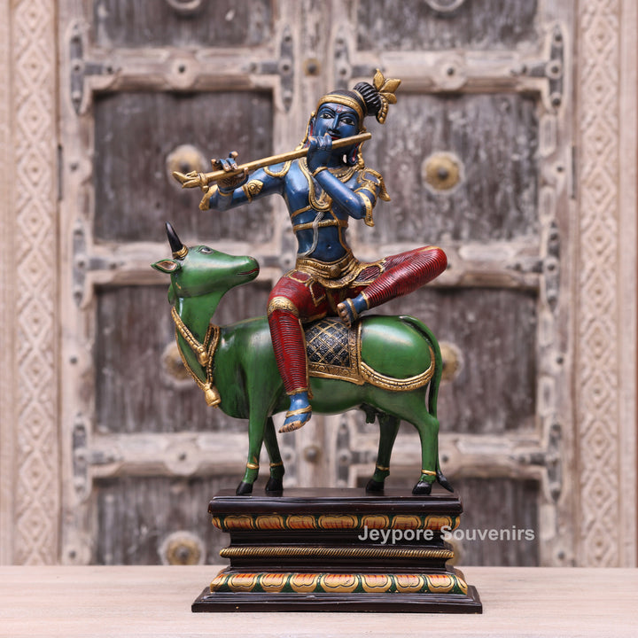 Handcrafted Brass Lord Krishna Playing Flute on Cow Statue