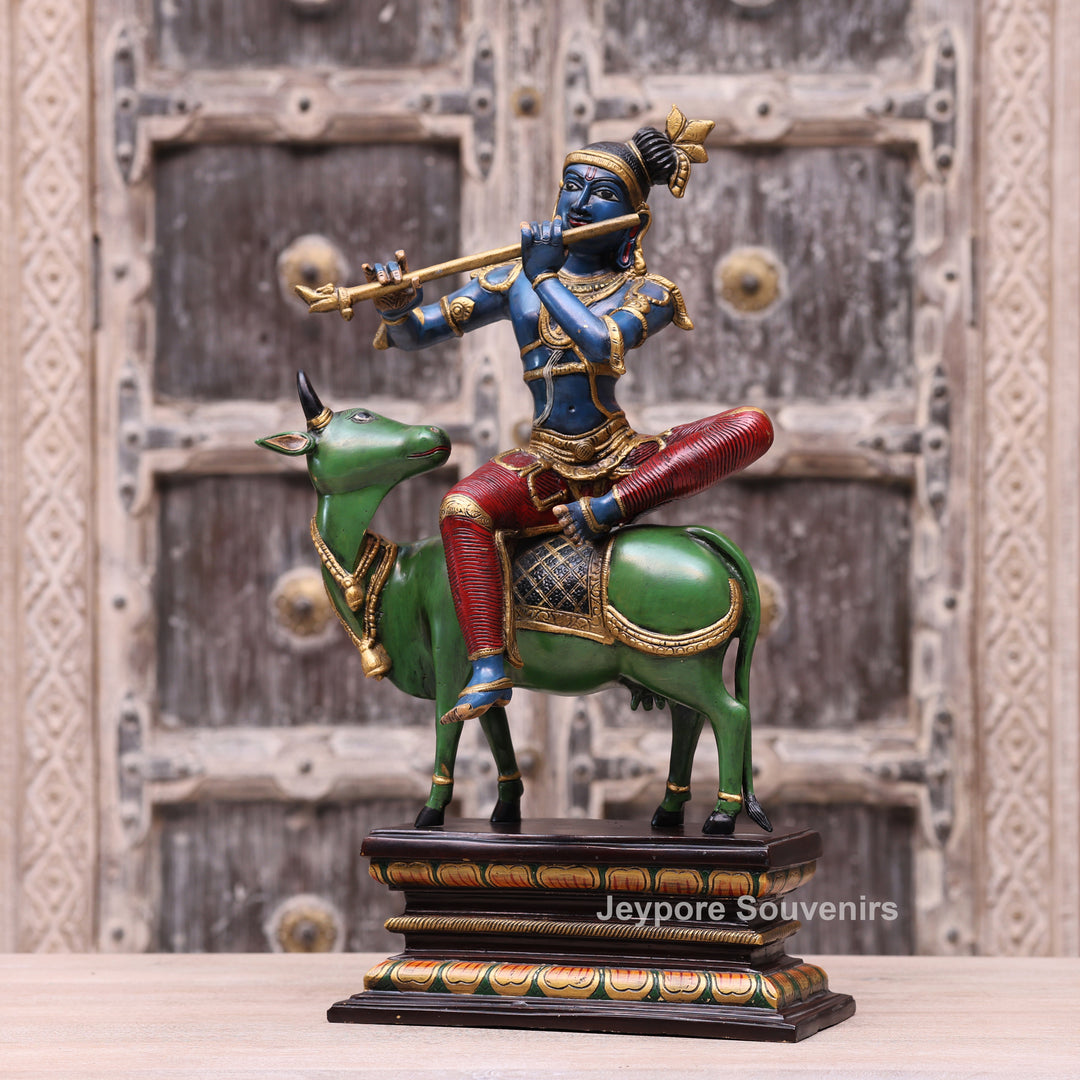 Handcrafted Brass Lord Krishna Playing Flute on Cow Statue