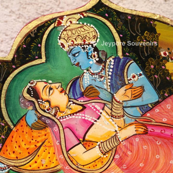 Hand-Painted Radha Krishna Wooden Jharokha Wall Mirror