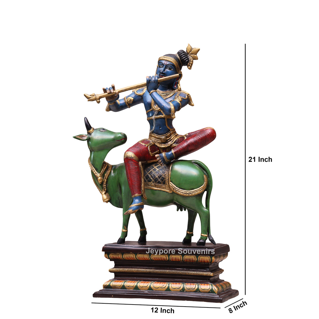 Handcrafted Brass Lord Krishna Playing Flute on Cow Statue