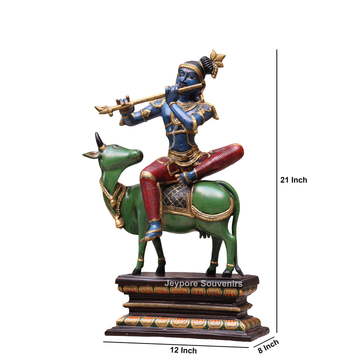 Handcrafted Brass Lord Krishna Playing Flute on Cow Statue