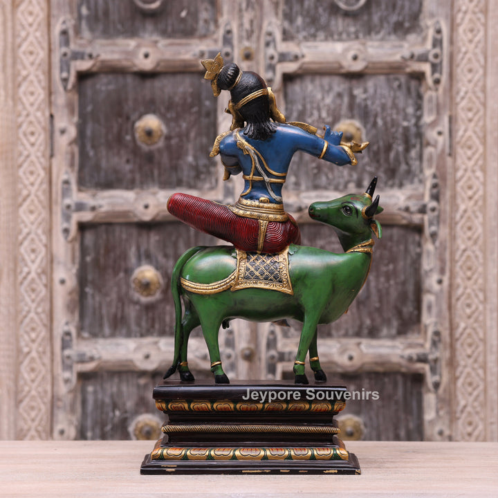 Handcrafted Brass Lord Krishna Playing Flute on Cow Statue