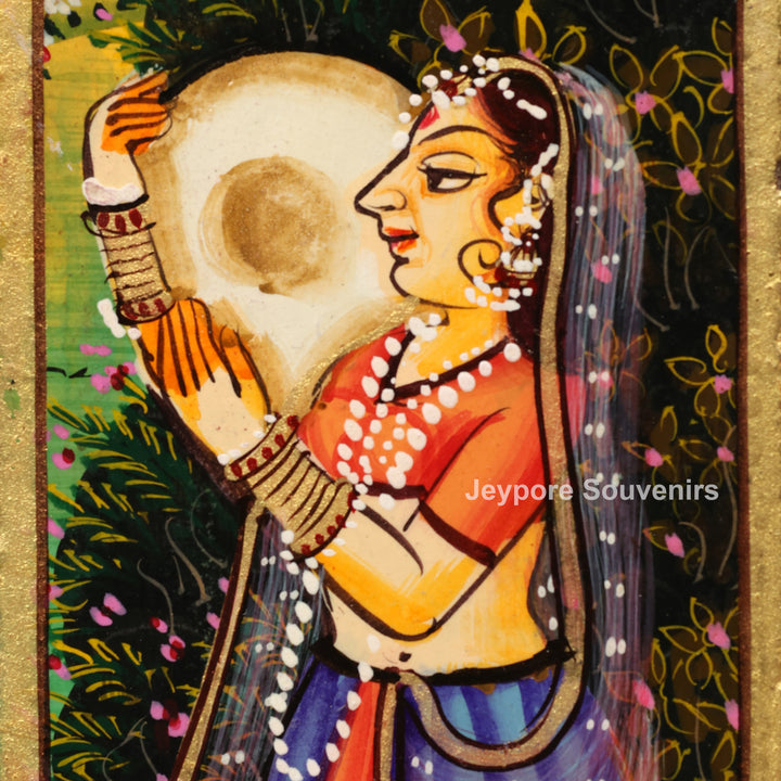 Hand-Painted Radha Krishna Wooden Jharokha Wall Mirror
