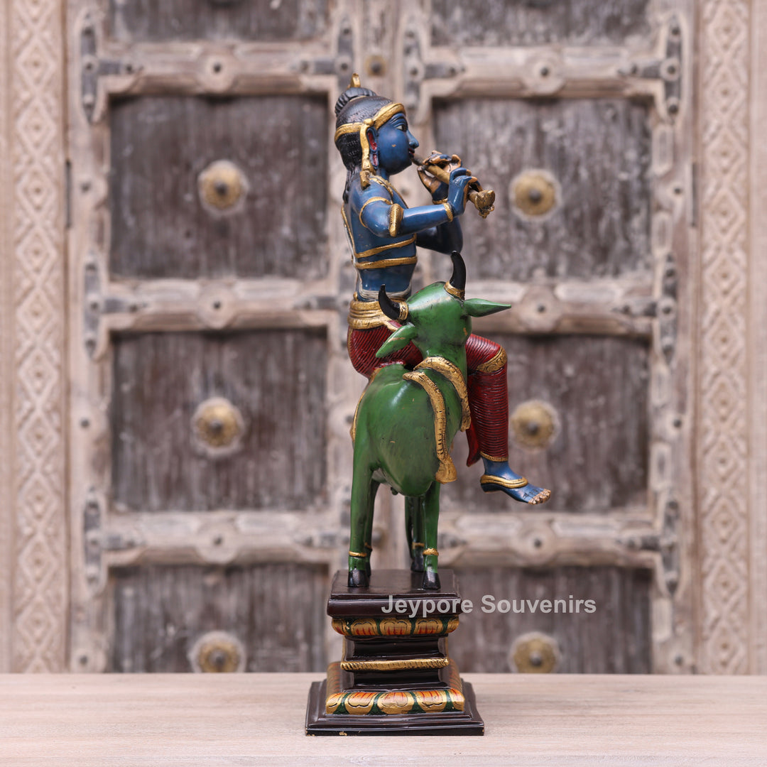 Handcrafted Brass Lord Krishna Playing Flute on Cow Statue