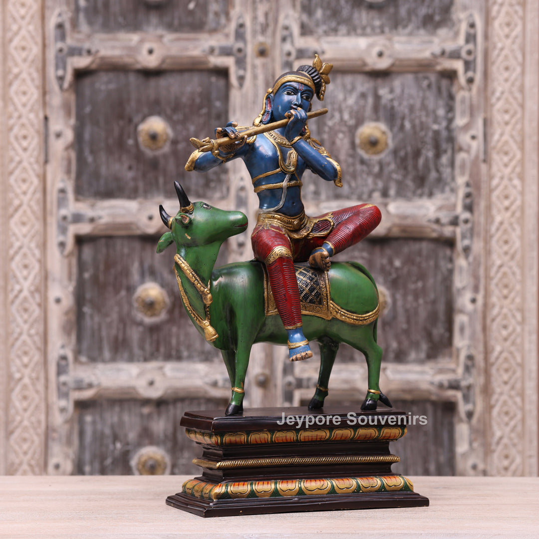 Handcrafted Brass Lord Krishna Playing Flute on Cow Statue