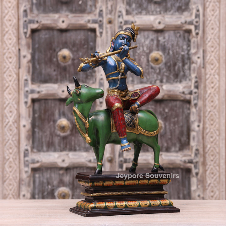 Handcrafted Brass Lord Krishna Playing Flute on Cow Statue