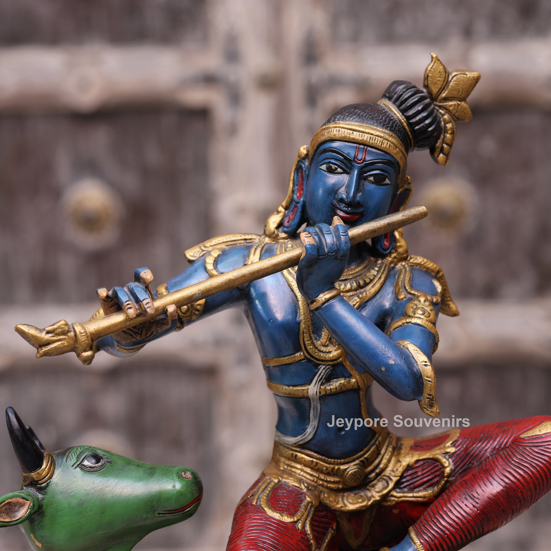 Handcrafted Brass Lord Krishna Playing Flute on Cow Statue