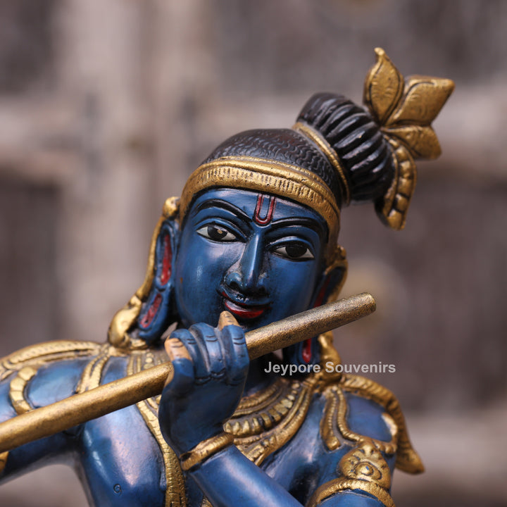 Handcrafted Brass Lord Krishna Playing Flute on Cow Statue