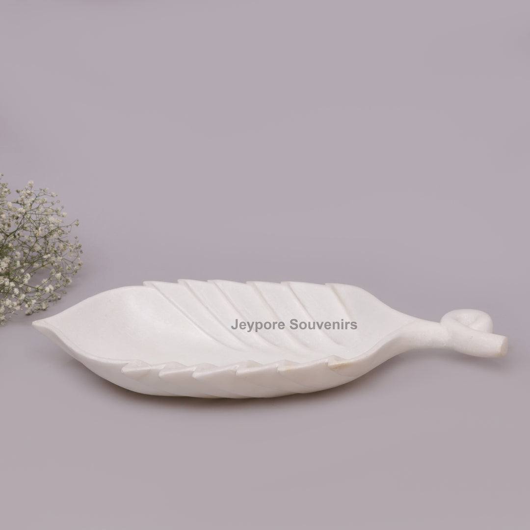 Handcrafted White Marble Leaf-Shaped Decorative Tray Bowl with Stem Handle