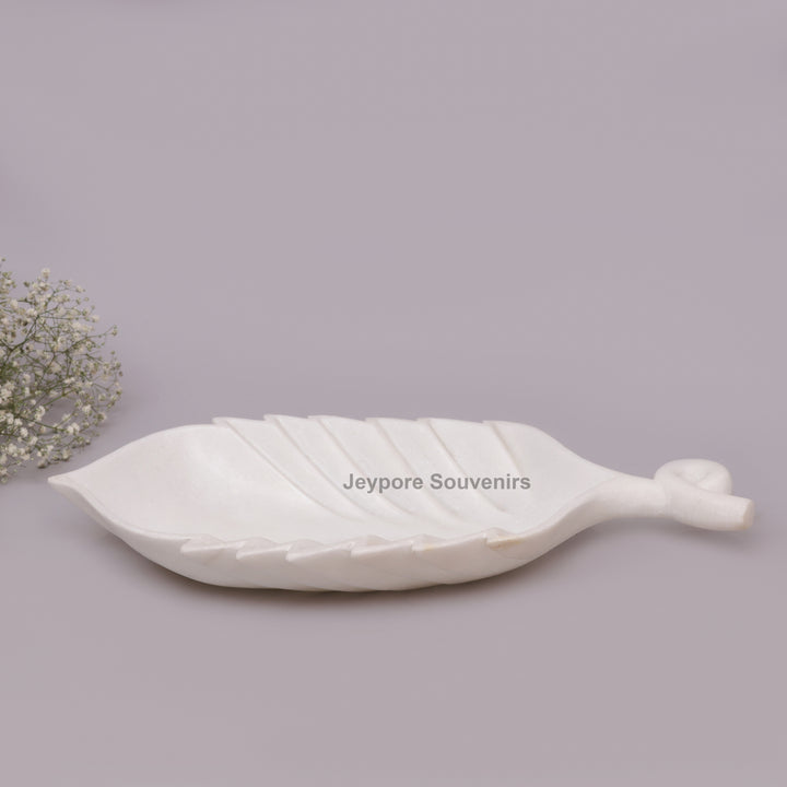 Handcrafted White Marble Leaf-Shaped Decorative Tray Bowl with Stem Handle