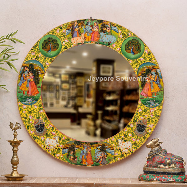 Hand-Painted Radha Krishna Pichwai Circular Wall Mirror