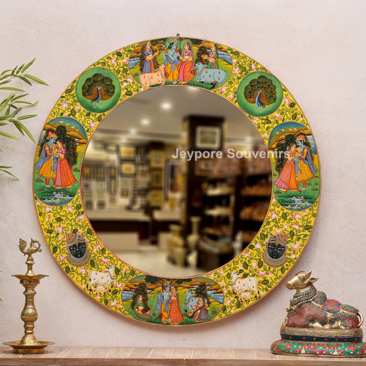 Hand-Painted Radha Krishna Pichwai Circular Wall Mirror