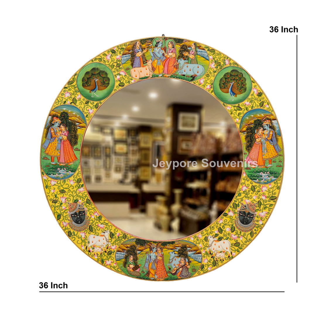 Hand-Painted Radha Krishna Pichwai Circular Wall Mirror