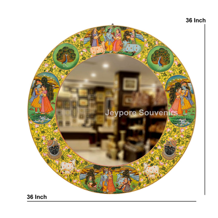 Hand-Painted Radha Krishna Pichwai Circular Wall Mirror