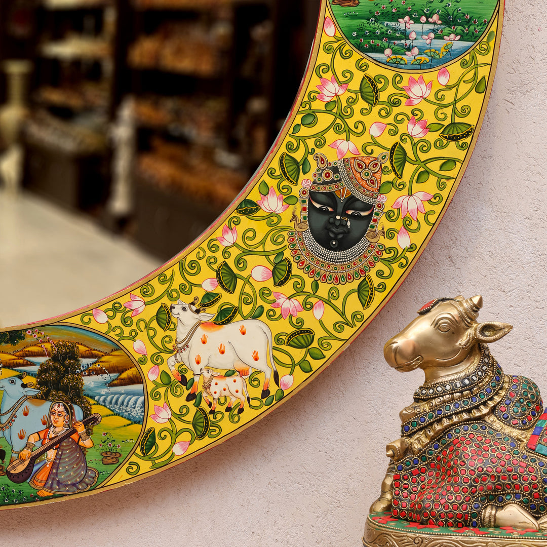 Hand-Painted Radha Krishna Pichwai Circular Wall Mirror