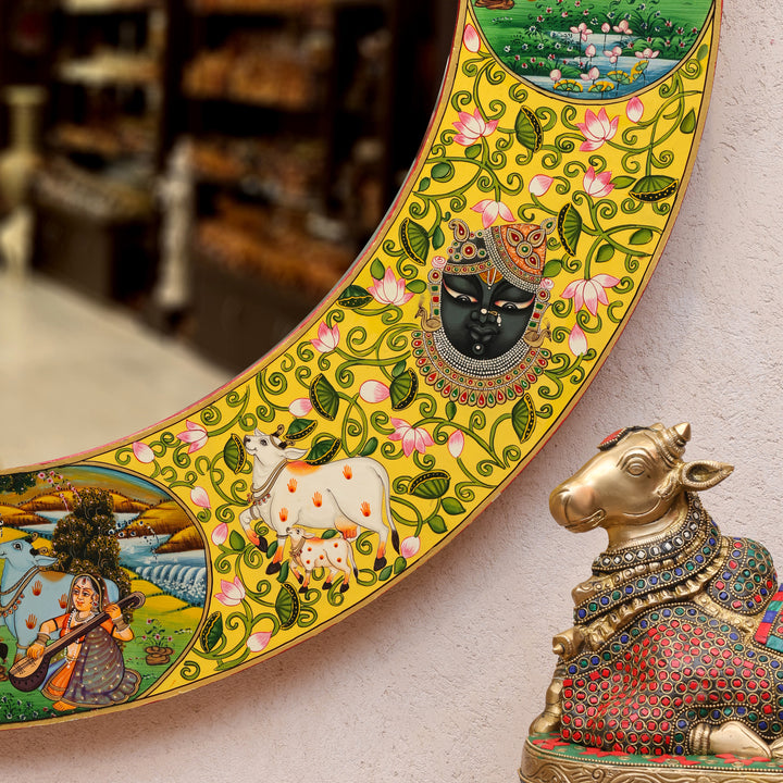 Hand-Painted Radha Krishna Pichwai Circular Wall Mirror