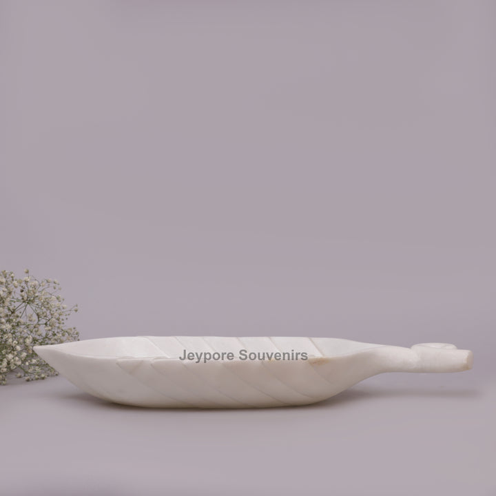 Handcrafted White Marble Leaf-Shaped Decorative Tray Bowl with Stem Handle