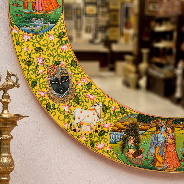 Hand-Painted Radha Krishna Pichwai Circular Wall Mirror