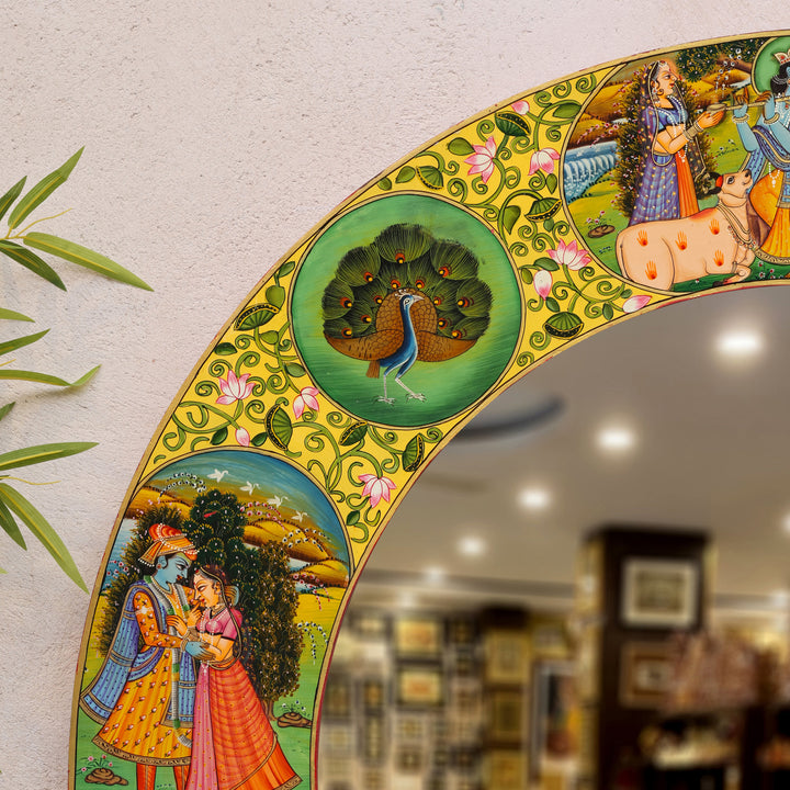 Hand-Painted Radha Krishna Pichwai Circular Wall Mirror