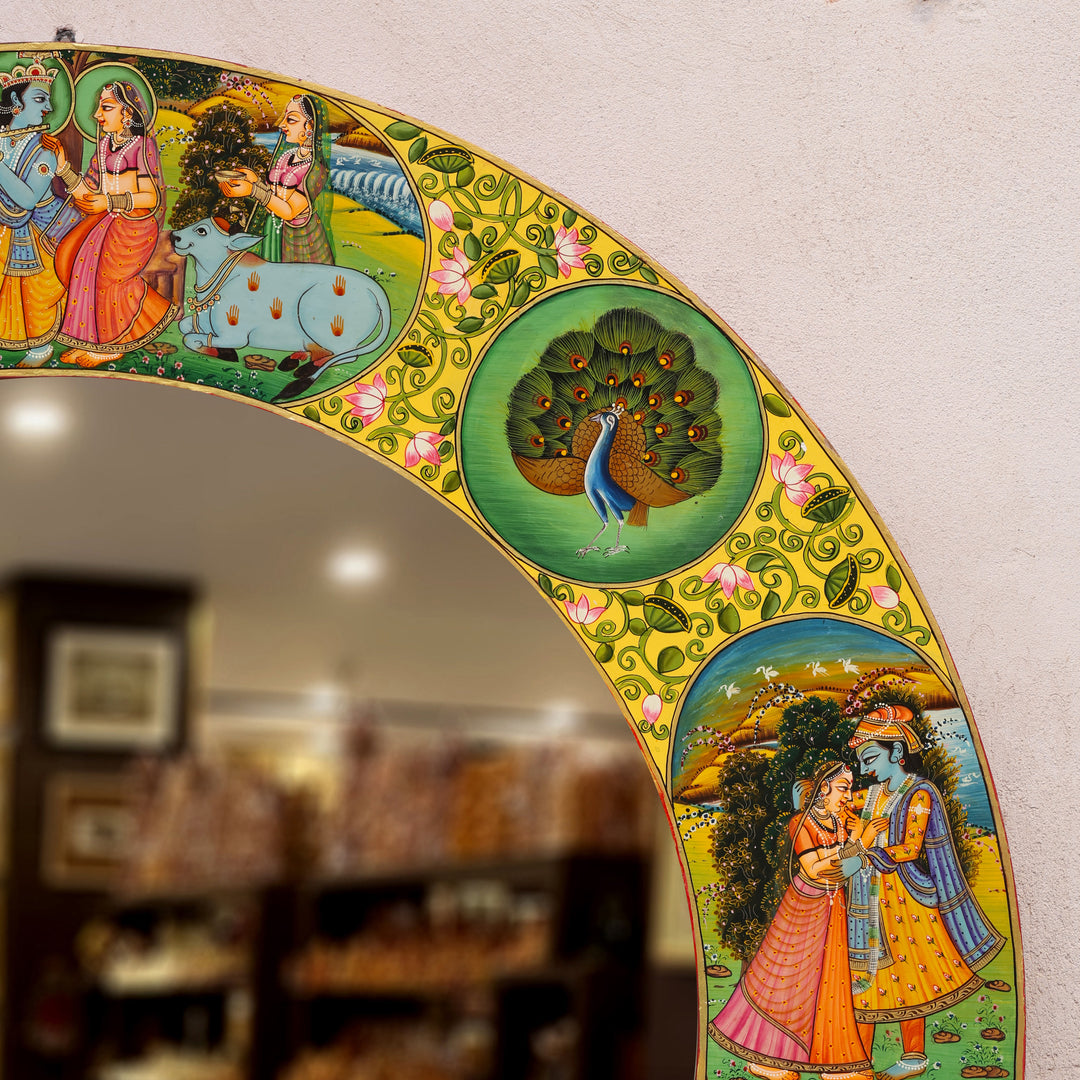 Hand-Painted Radha Krishna Pichwai Circular Wall Mirror