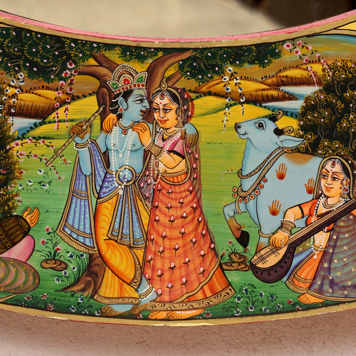Hand-Painted Radha Krishna Pichwai Circular Wall Mirror