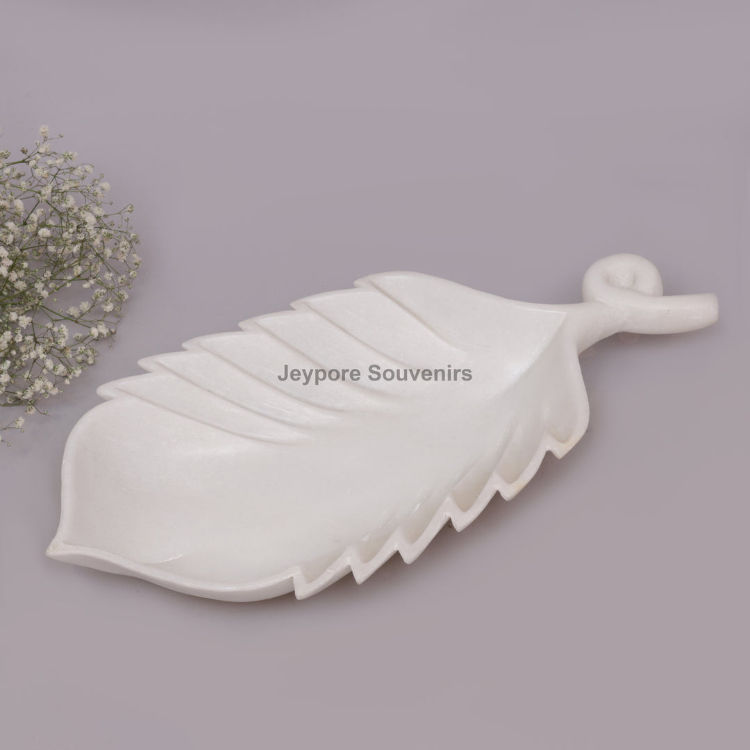 Handcrafted White Marble Leaf-Shaped Decorative Tray Bowl with Stem Handle