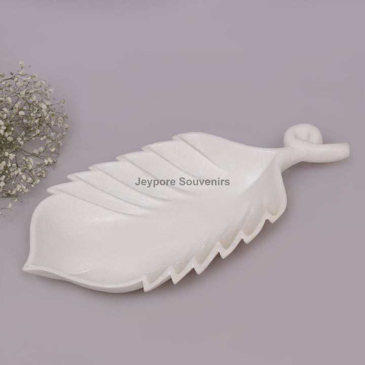 Handcrafted White Marble Leaf-Shaped Decorative Tray Bowl with Stem Handle