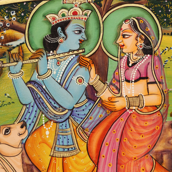 Hand-Painted Radha Krishna Pichwai Circular Wall Mirror