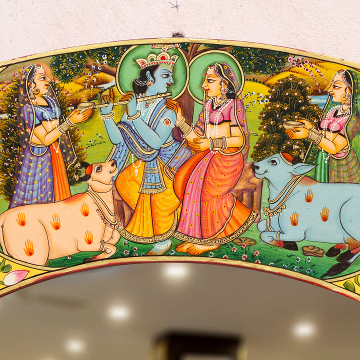 Hand-Painted Radha Krishna Pichwai Circular Wall Mirror