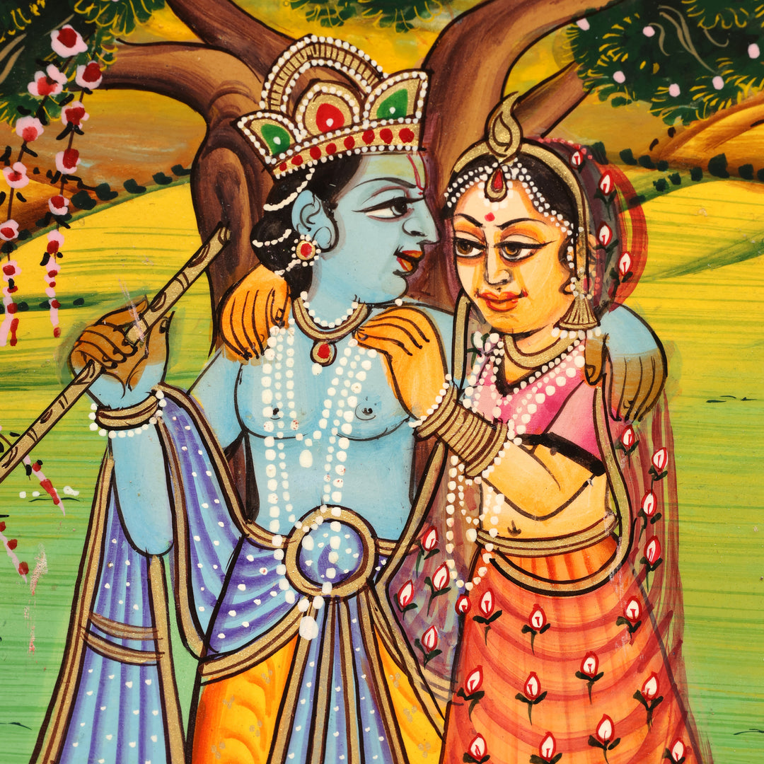 Hand-Painted Radha Krishna Pichwai Circular Wall Mirror