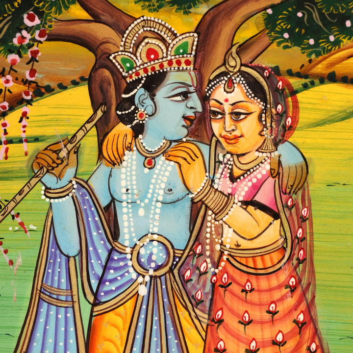 Hand-Painted Radha Krishna Pichwai Circular Wall Mirror