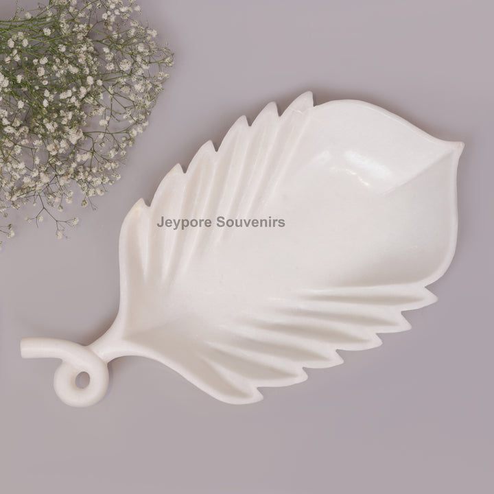 Handcrafted White Marble Leaf-Shaped Decorative Tray Bowl with Stem Handle