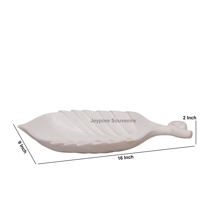 Handcrafted White Marble Leaf-Shaped Decorative Tray Bowl with Stem Handle