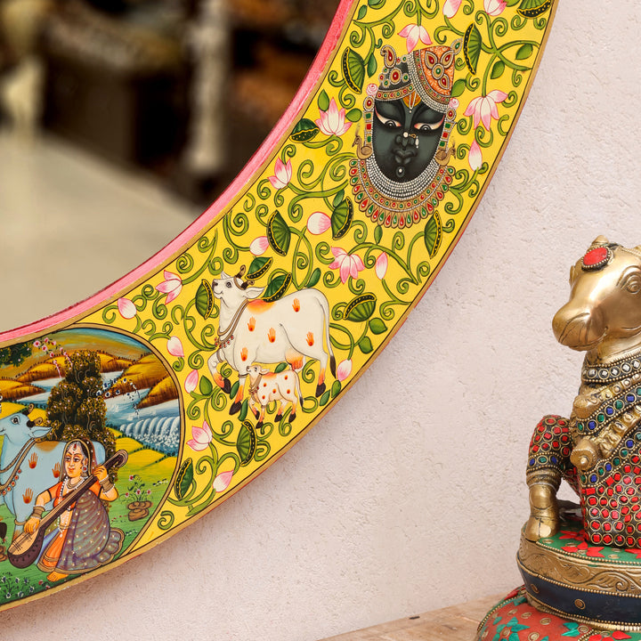 Hand-Painted Radha Krishna Pichwai Circular Wall Mirror