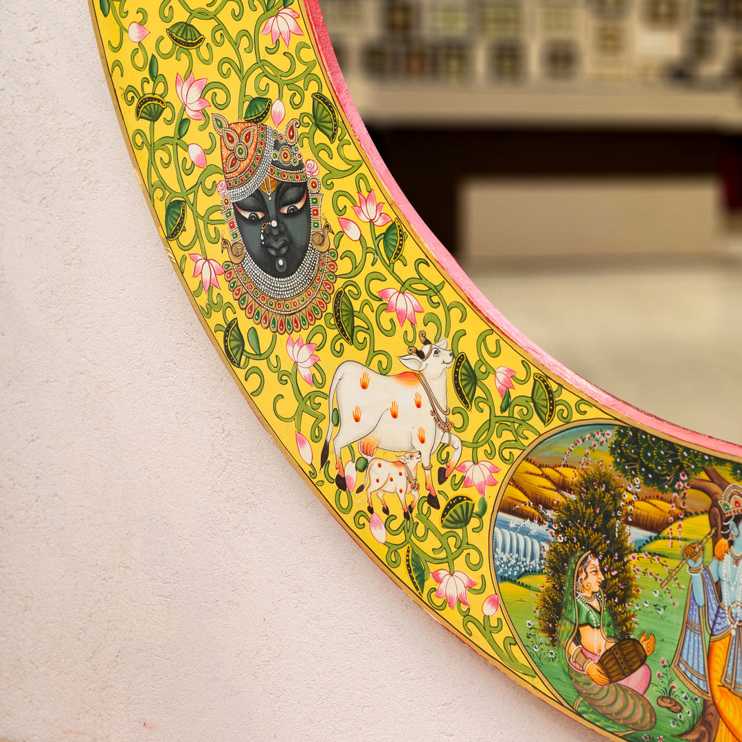Hand-Painted Radha Krishna Pichwai Circular Wall Mirror