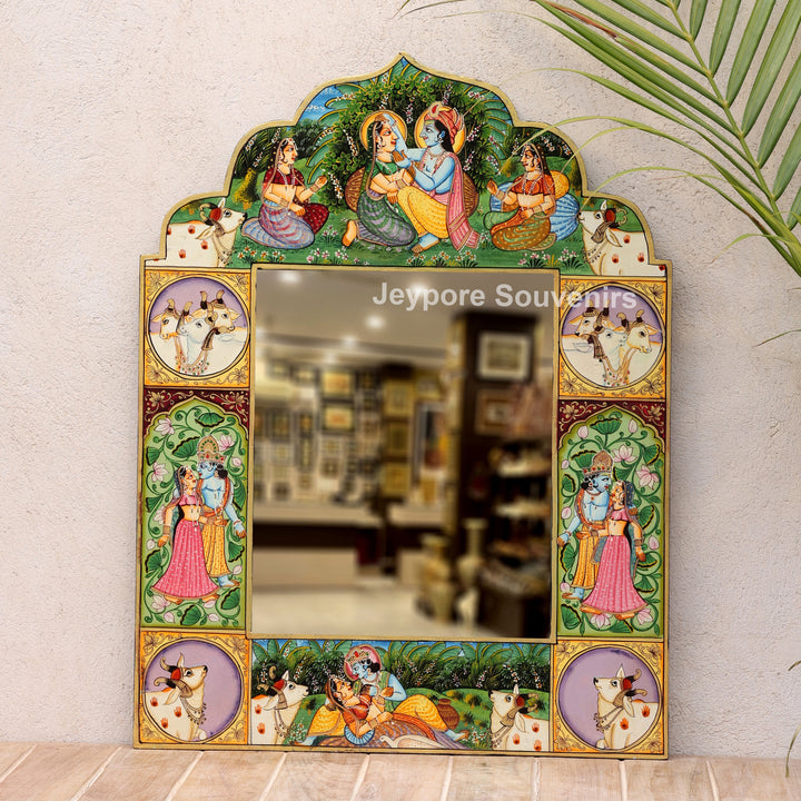 Hand-Painted Radha Krishna Wooden Pichwai Jharokha Wall Mirror