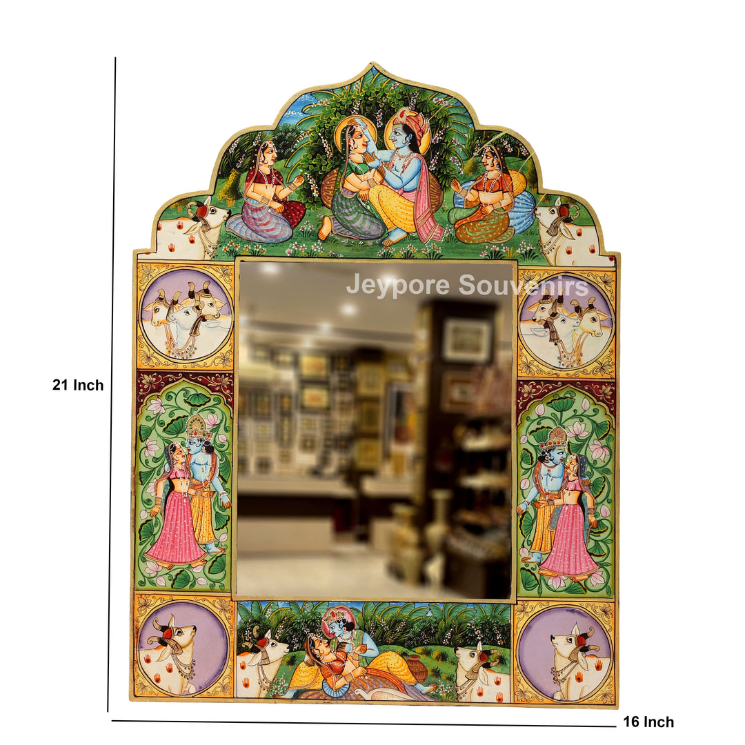 Hand-Painted Radha Krishna Wooden Pichwai Jharokha Wall Mirror