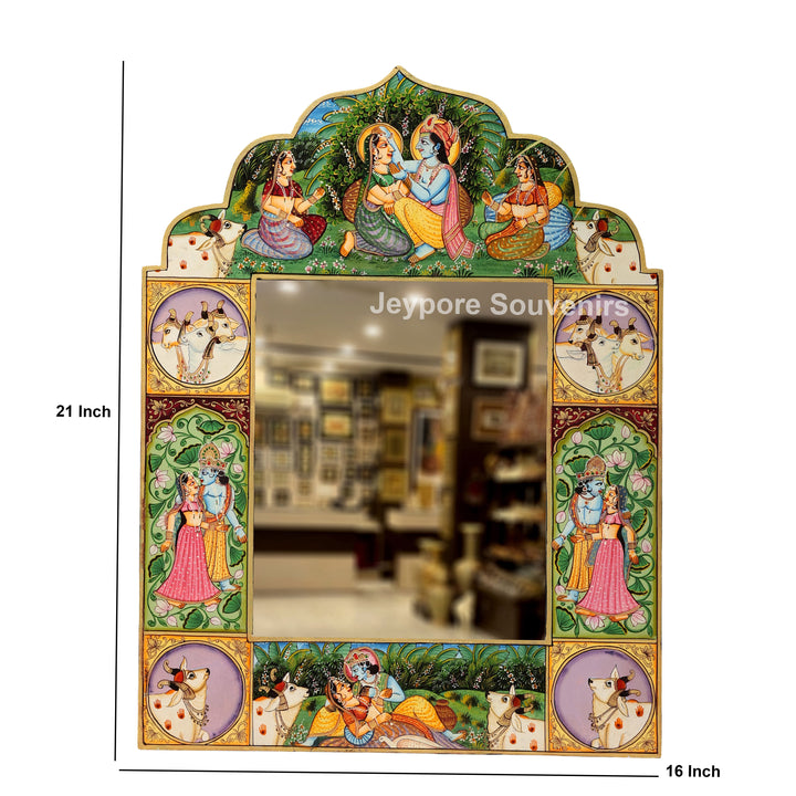 Hand-Painted Radha Krishna Wooden Pichwai Jharokha Wall Mirror